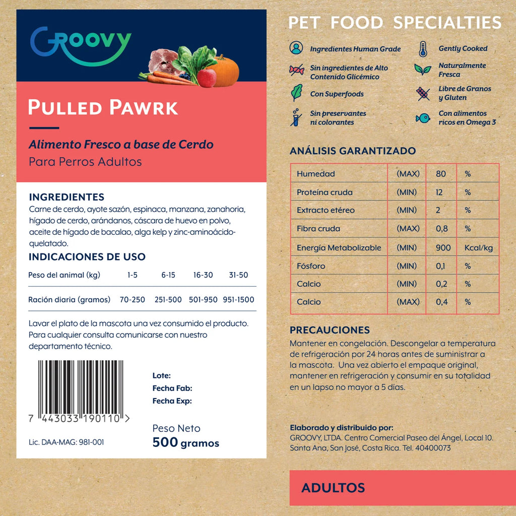 Groovy Alimento Fresco Perro Adulto Cerdo 500 g